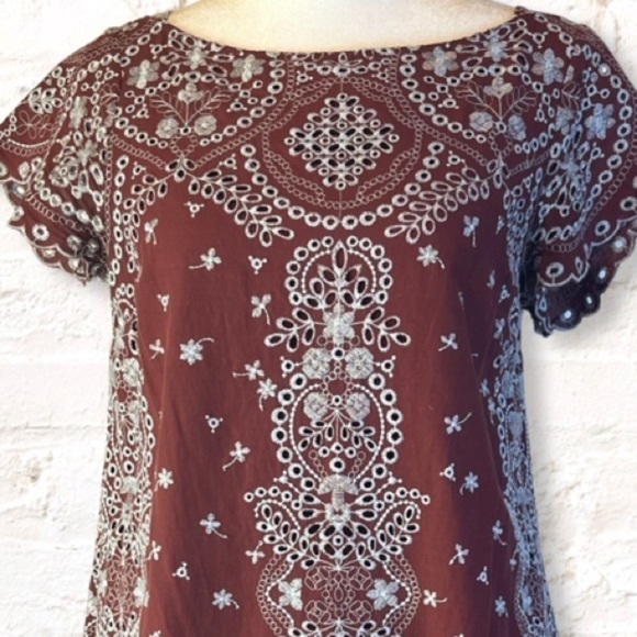 Anthropologie Feather & Bone Ynez Brown  Eyelet Embroidered Mini Dress Size XS - Picture 5 of 12